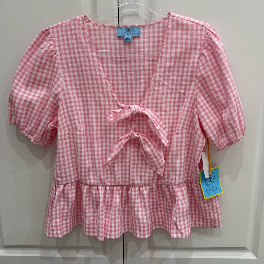 🎀NWT🎀 CeCe Pink Gingham Tie-Front Blouse